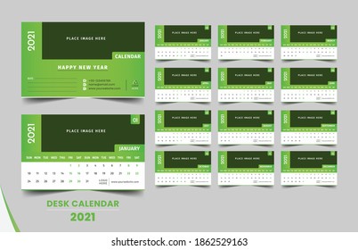 2021 Desk calendar template design, green gradient and white background, Happy new year cover page.