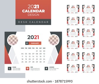 2021 Desk Calendar Template.Calendar 2021 design in a minimalist style.Week Starts on Monday. Set of 12 months. Monthly calendar ready for print.