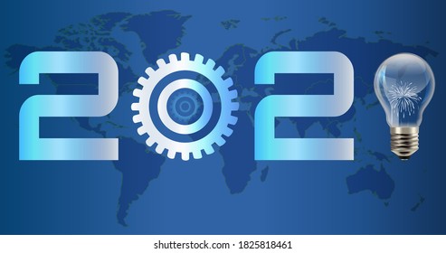 2021 digital themed concept; gears, global map and light bulb.