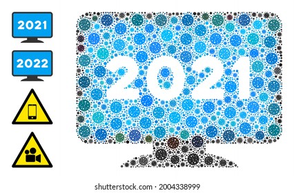 2021 display screen covid mosaic icon. 2021 display screen collage is shaped with random coronavirus icons. Bonus icons are added. Flat style.