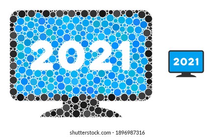 2021 Bildschirm-Mosaik von gefüllten Kreise in verschiedenen Größen und Farbtönen. Vektorgefüllte Kreise sind in 2021 Display-Bildschirm-Mosaik organisiert. 2021 Bildschirm einzeln auf weißem Hintergrund.
