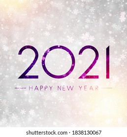 2021 drawn on misted glass. Happy new year sign. Bright background with multicolored lights and snowflakes. Vector holiday illustration.