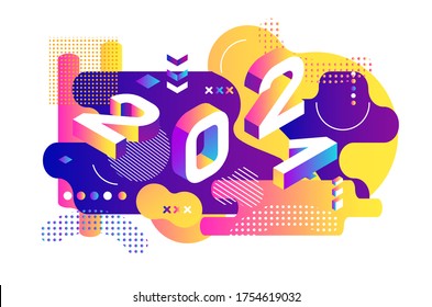 2021 dynamical colored isometric. Banner with 2021 Numbers and gradient abstract flowing liquid shapes. Vector New Year illustration.