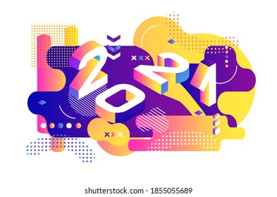 2021 dynamical colored isometric. Banner with 2021 Numbers. Vector New Year illustration.
