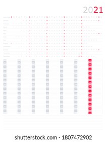 2021 easy to write year planner and timetable. Landscape layout. Empty space for notes. Vector office template.