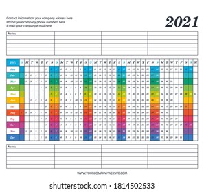 2021 easy to write year planner. Landscape layout. Empty space for notes. Vector office template.