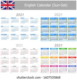 2021 English Mix Calendar Sun-Sat on white background