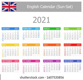 2021 English Type-1 Calendar Sun-Sat on white background