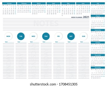 2021 English Week Planner Calendar Vector Design Template. Blue color. Week Starts Monday. For office or private use.