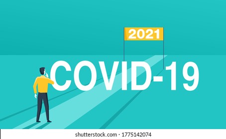 Esperanza de 2021 dado el hecho del concepto de pandemia COVID-19 - el hombre confundido se encuentra en un obstáculo y mira la pancarta del próximo año - ilustración vectorial