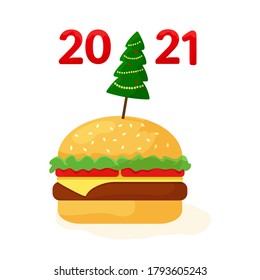 2021 fast food, cheeseburger with Christmas tree. Holiday banner for New Year. Vector illustration