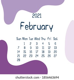 2021 february calendar with abstract shapes on background. Colorful modern calendar with trending colors, monthly planner. Vector flat illustration. Modern simple design. Winter month