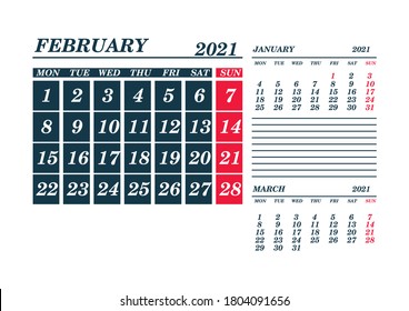 2021 February Calendar Planner. Template. Mock up. Vector illustration.