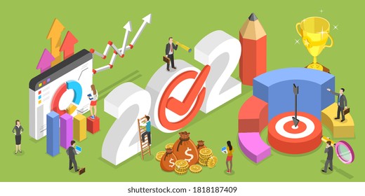 2021 Financial Year, Business Planning And Data Analysis. 3D Isometric Flat Vector Conceptual Illustration.