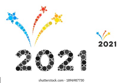2021 fireworks composition of circle elements in variable sizes and color tones. Vector circle elements are organized into 2021 fireworks composition. 2021 fireworks isolated on a white background.