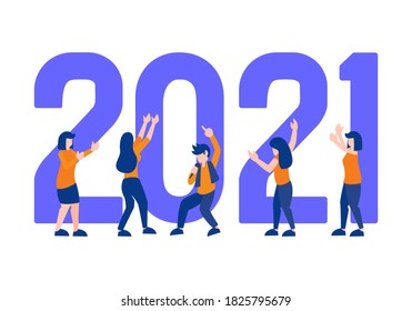 Afiche de elemento plano 2021. Elemento plano del alegre afiche del año nuevo 2021 con un grupo de personas. Elemento plano de personas aisladas en un fondo blanco.