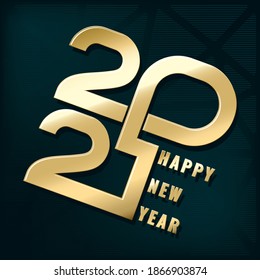 2021 Flat Glossy Gold Single Line Numerals Logo and Happy New Year Lettering Greeting Creative Concept - Golden on Holographic Triangles Turquoise Background - Vector Mixed Graphic Design