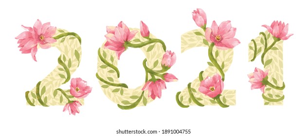 2021 with floral and watercolor hand-painted, pink blossom for card, textile, wrapping paper, wallpaper.