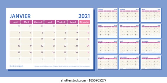 2021 French planner. Calendar template. Vector. Week starts Monday. Table schedule grid. Calender layout with 12 month. Yearly stationery organizer. Horizontal monthly diary. Simple illustration