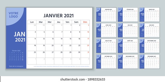 2021 French planner. Calendar template. Vector. Week starts Monday. Calender layout with 12 month. Yearly stationery organizer. Table schedule grid. Horizontal monthly diary. Simple illustration