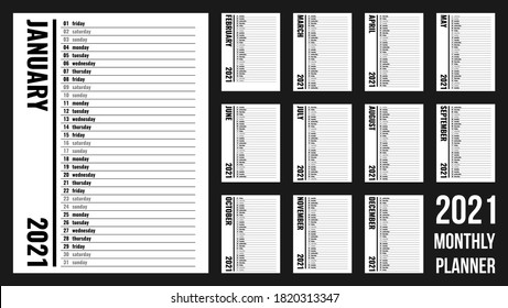 Planner de año completo 2021, plantilla vertical de organizador personal