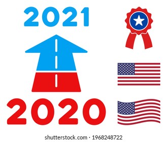 2021 Zukunft Straße Symbol in blau und rot mit Sternen. 2021 setzt der zukünftige Stil der Straßengrafik auf offizielle amerikanische Farben demokratischer und republikanischer politischer Parteien und Sterne.