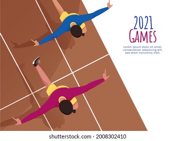 2021 Games Concept With Diverse Athletic Running Sprint On Race Track.