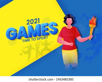 2021 Games Time To Sport Concept With Faceless Disabled Young Boy Holding Flaming Torch On Blue And Yellow Background.