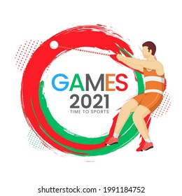 2021 Games Time To Sports Concept With Faceless Athlete Man Performing A Hammer Throw And Brush Stroke Effect On White Background.