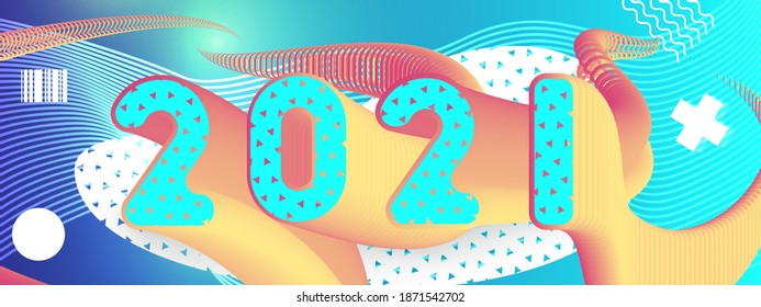2021 caracteres de fluido geométrico fondo vector abstracto . Plantilla de banner web de feliz año nuevo con elementos de estilo memphis. Colores alegres y brillantes. Tarjeta de saludo, folleto, afiche web.