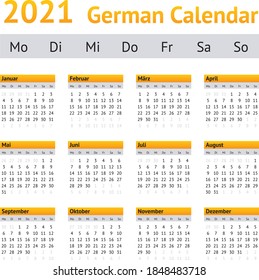 2021 German Calendar. Weeks start on Monday