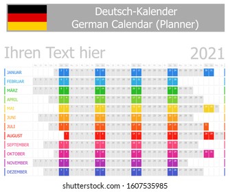 2021 German Planner Calendar with Horizontal Months on white background