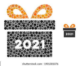 2021 gift composition of round dots in variable sizes and color hues. Vector dots are composed into 2021 gift composition. 2021 gift isolated on a white background.