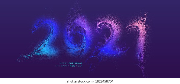 2021 glowing particles liquid dynamic flow number for New Year and Christmas holiday poster or placard. Trendy fluid cover design. Eps10 vector illustration