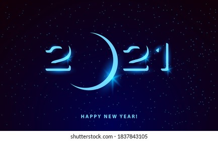 2021 glowing text in space. New Year 2021 typography design with dawn over the planet. Space technology background for calendar.
