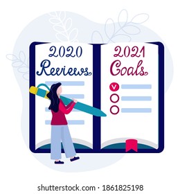 2021 goals, plans, actions, marketing, coming soon in notebook. Best of 2020, reviews. Woman with pen writes inspiration and motivation. 