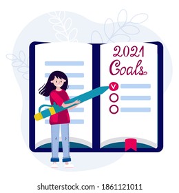 2021 Goals, Plans, Actions On Notebook. Woman With Pen Writes Motivation And Inspiration For New Year.  