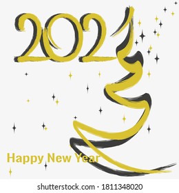 2021 gold brush painted on gradient yellow background. Golden brush contour of New Year tree and snowflake. Vector illustration for greeting card design for Christmas and New Year.