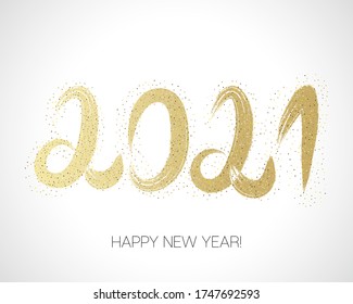 2021 Gold Brush Stroke Banner. Stylish Happy New Year Typography. Painted 2021 Modern Minimal Logo. Happy New Year Elegant Business Background. Winter Holiday Greeting Card. Isolated Brush Shape 2021.