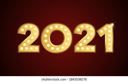 2021- Gold digits of the new year decorated with illuminated light bulbs inside against a gradient red and black background.
