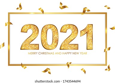 2021 Gold glitter Textur mit Rahmen und Konfetti. Frohe Weihnachten und glückliche Neujahr Grußkarte. Vector-Abbildung.