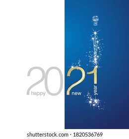 2021 Gold Happy New Year Sparkle Firework White Blue Background Greeting Card