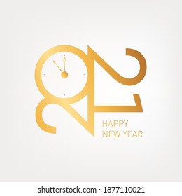 2021.  Gold Logo, Uhr und Text Glücklich Neues Jahr. Mitternachtszeichen, Symbol. Moderner Luxus. Kreatives Design. Moderne Grußkarte mit weißem Hintergrund. Zeit zum Feiern.