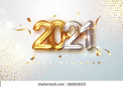 2021 Gold And Silver Realistic Numbers On Light Festive Glitter Background.