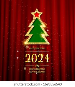 2021 Gold text. 3D Abstract Christmas Tree Ball on Papercut black waves with golden glitter halftone effect. Merry Christmas and Happy New Year Glittering banner, web header. Vector