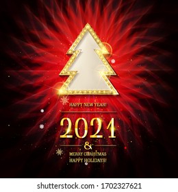 2021 Goldtext. 3D Abstrakter Weihnachtsbaum Ball auf Papercut schwarzen Wellen mit goldenem Glittereffekt. Fröhliche Weihnachten und Frohes Neues Jahr Glittering Banner, Web-Header. Vektorillustration