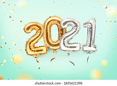 2021 golden decoration holiday on mint background. Shiny party background. Gold foil balloons numeral 2021 and confetti. Happy new year holiday. Realistic 3d vector illustration