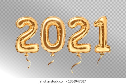 2021 golden decoration holiday on transparent background. Gold foil balloons numeral 2021. Happy new year holiday. Realistic 3d vector illustration