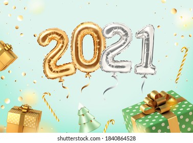 2021 golden decoration holiday on neomint background. Shiny party background with golden and green gifts. Gold foil balloons numeral 2021 and confetti. Happy new year  holiday. Realistic 3d vector