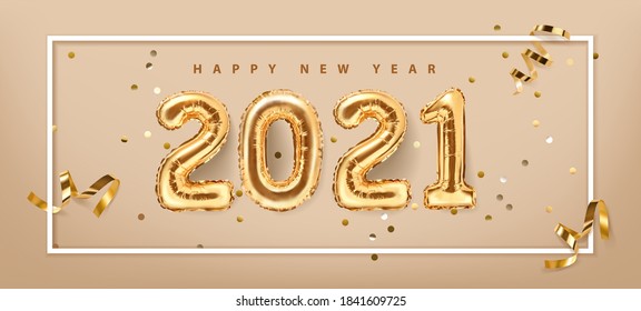 2021 golden decoration holiday on beige background. Shiny party background. Gold foil balloons numeral 2021 with realistic festive objects,, glitter gold confetti and serpentine. Horizontal